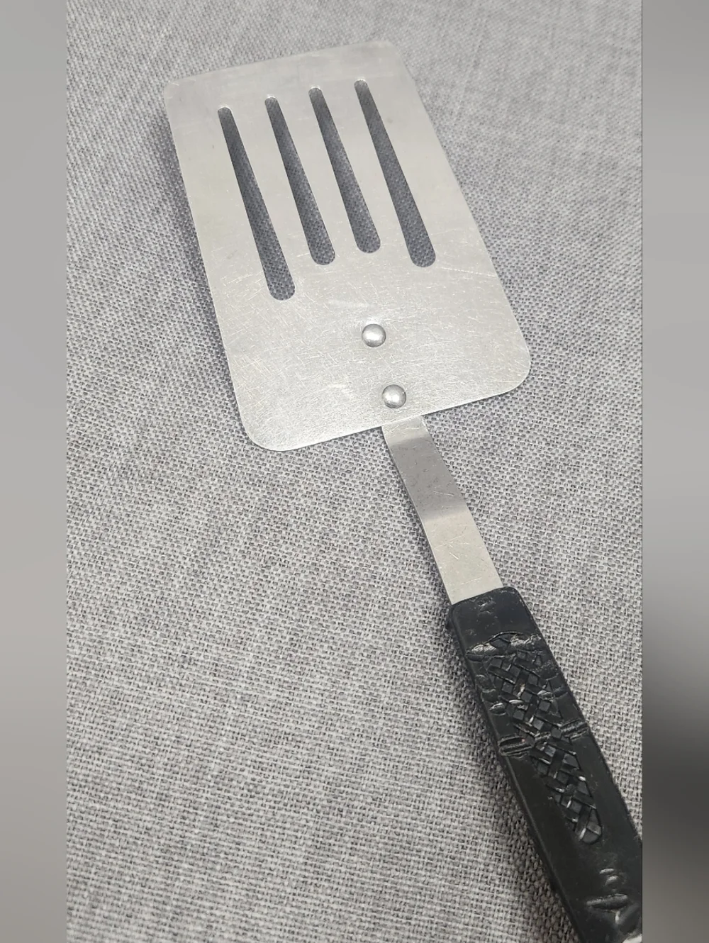 Vintage Stainless Steel Slotted Spatula Black Handle Made In Japan.